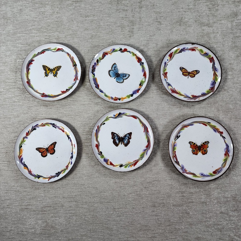 Vintage Brass and Enamel Butterfly Coaster Set Of 6 Cottagecore Boho Decor